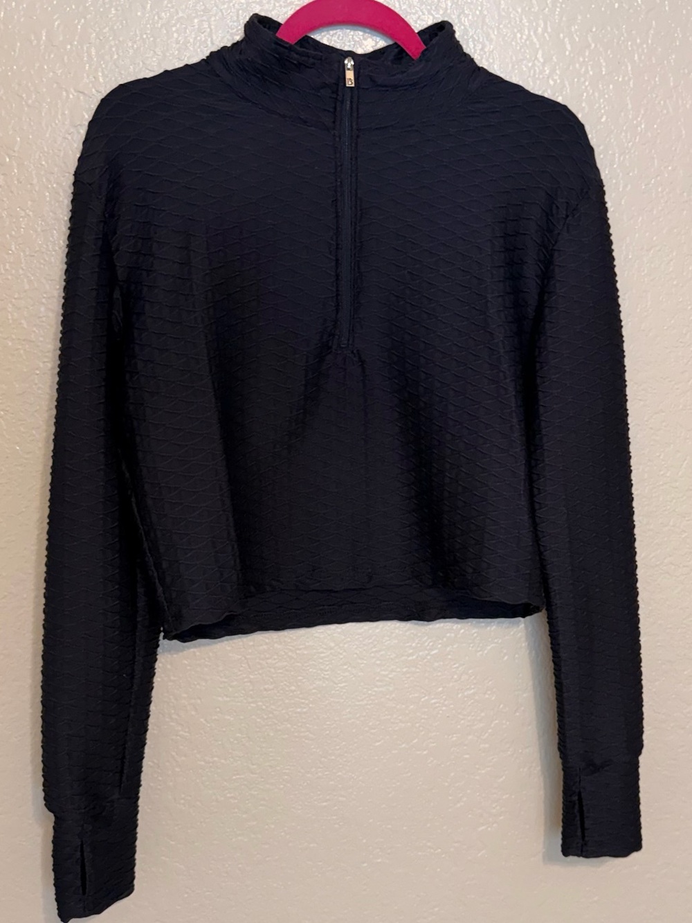 BuffBunny Women's Black Half-Zip Textured Cropped Long sleeve runners sweater